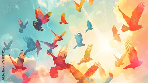 Illustration of a flock of birds flying in the sky. photo