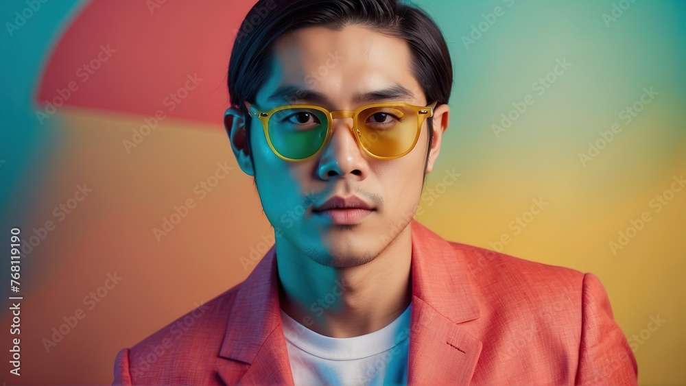 Asian man wearing colorful retro style, hat and glasses Asian man wearing colorful retro style, hat and glasses