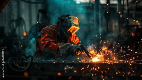 Skilled worker utilizing welding equipment photo