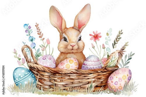 Easter cute bunny with eggs isolated on transparent background. Watercolor illustration.