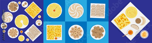 Moroccan Eid table illustration, Moroccans Traditional Sweets, Msamen, Baghrir