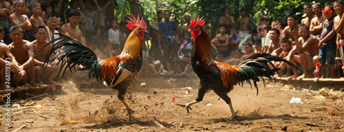 A dynamic cockfight with roosters engaged in battle while surrounded by an attentive crowd in a tropical village setting.