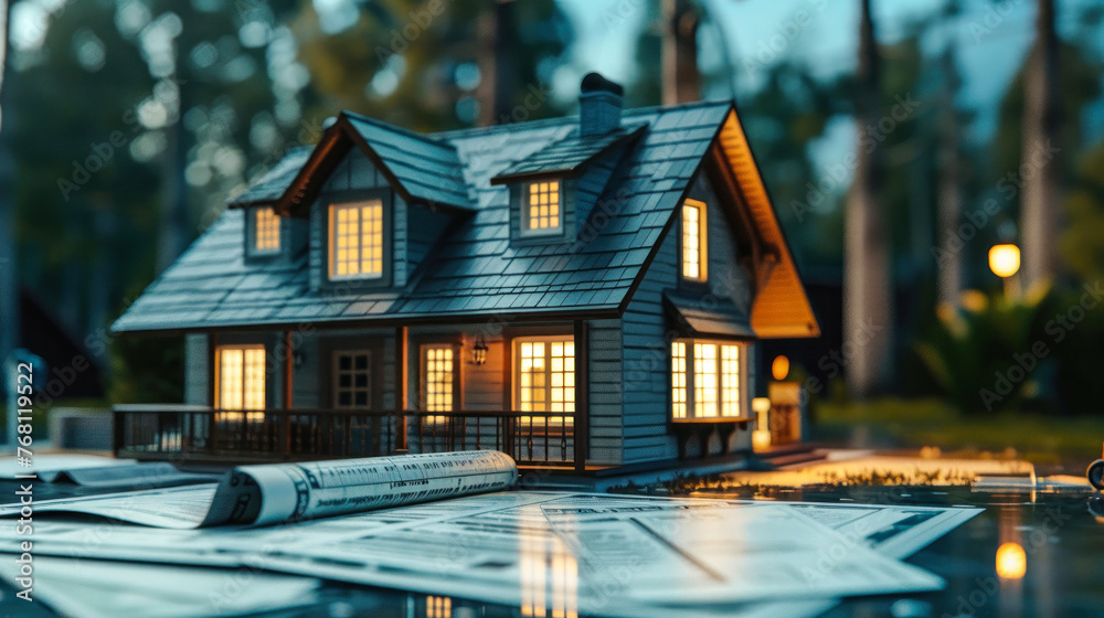 A charmingly detailed miniature house with glowing windows set amid a twilight scene highlights homely warmth and real estate concepts - obrazy, fototapety, plakaty 