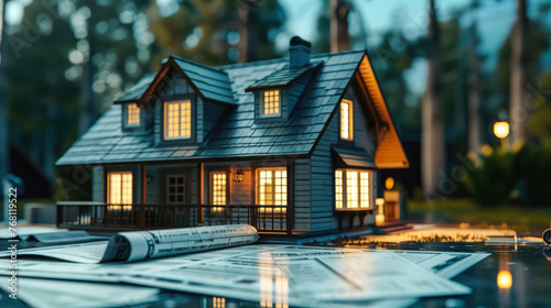 A charmingly detailed miniature house with glowing windows set amid a twilight scene highlights homely warmth and real estate concepts