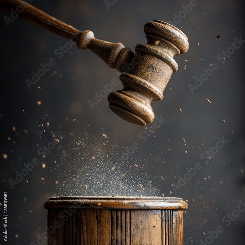 Close-up of a judges gavel mid-air capturing the decisive moment of judgment