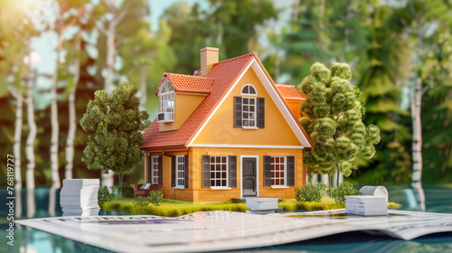 A charming yellow house with lush greenery placed on open pages of financial newspapers, symbolizing real estate investments © Fxquadro
