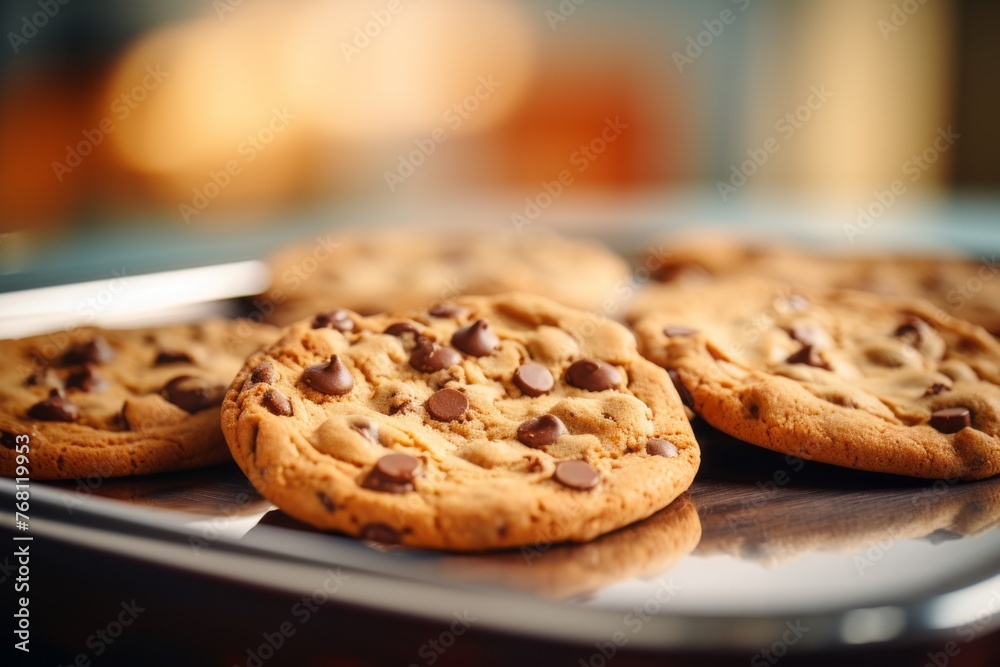 Exquisite chocolate chip cookies on a plastic tray against a minimalist or empty room background