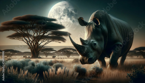 A solitary rhinoceros wanders through a serene savannah under the glow of a full moon  with acacia trees silhouetted against a starry sky.