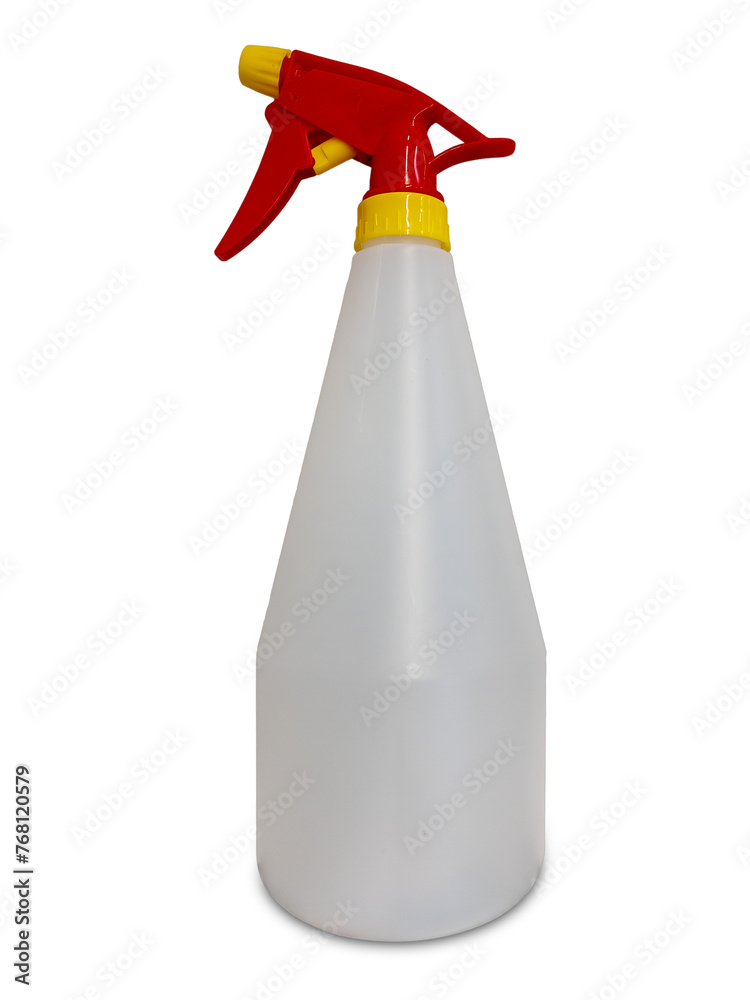 White plastic spray bottle with red yellow sprayer isolated White plastic spray bottle with red yellow sprayer isolated