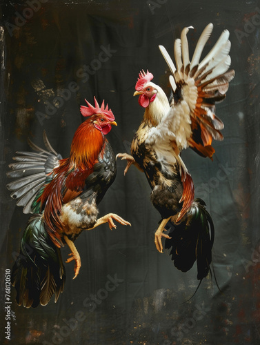 Intense Rooster Fight in a Dusty Field with Flapping Wings and Clashing Beaks.