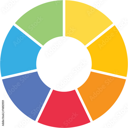 Separate doughnut graph pie charts icon with 7 colourful parts. Morden flat design vector illustration circular diagram infographic for web banner logo button app ui ux isolated on white background