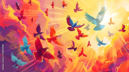 Illustration of a flock of birds flying in the sky.