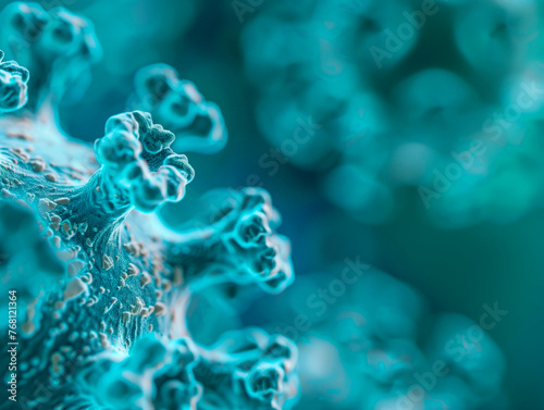 A visually striking macro image of a blue virus particle emphasizing its unique surface spikes in a sea of blue hues