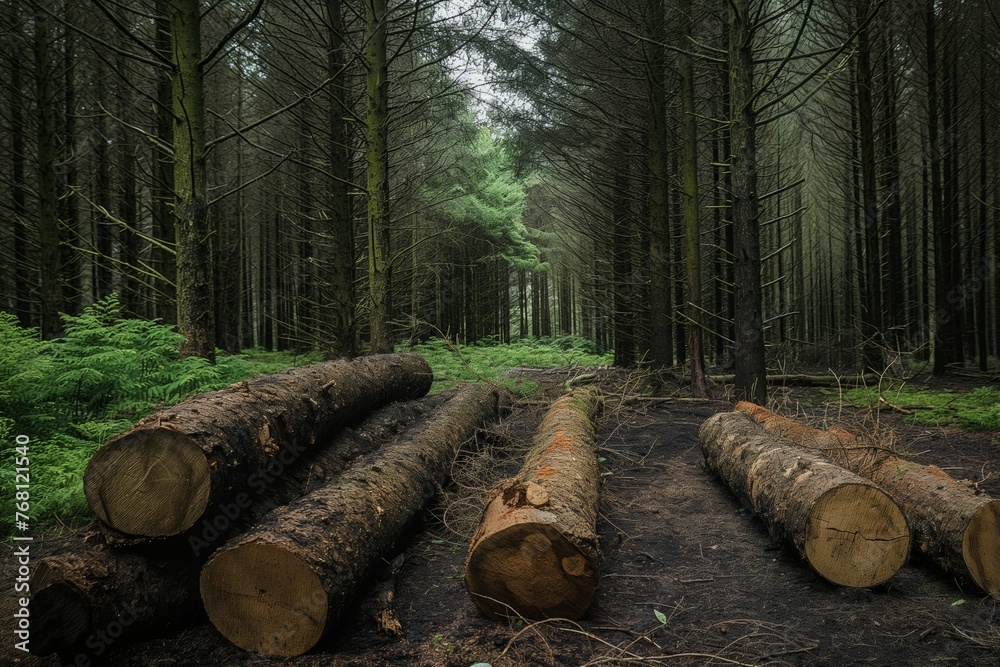 Misty forest with stacked timber logs Misty forest with stacked timber logs