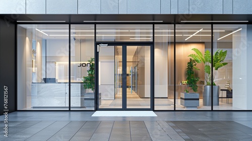 A contemporary storefront entrance displaying a glass door with a sleek digital keypad lock for secure access. photo