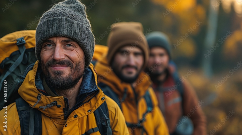 Group of male hikers on the mountain, medium shot, smiling, forest background.