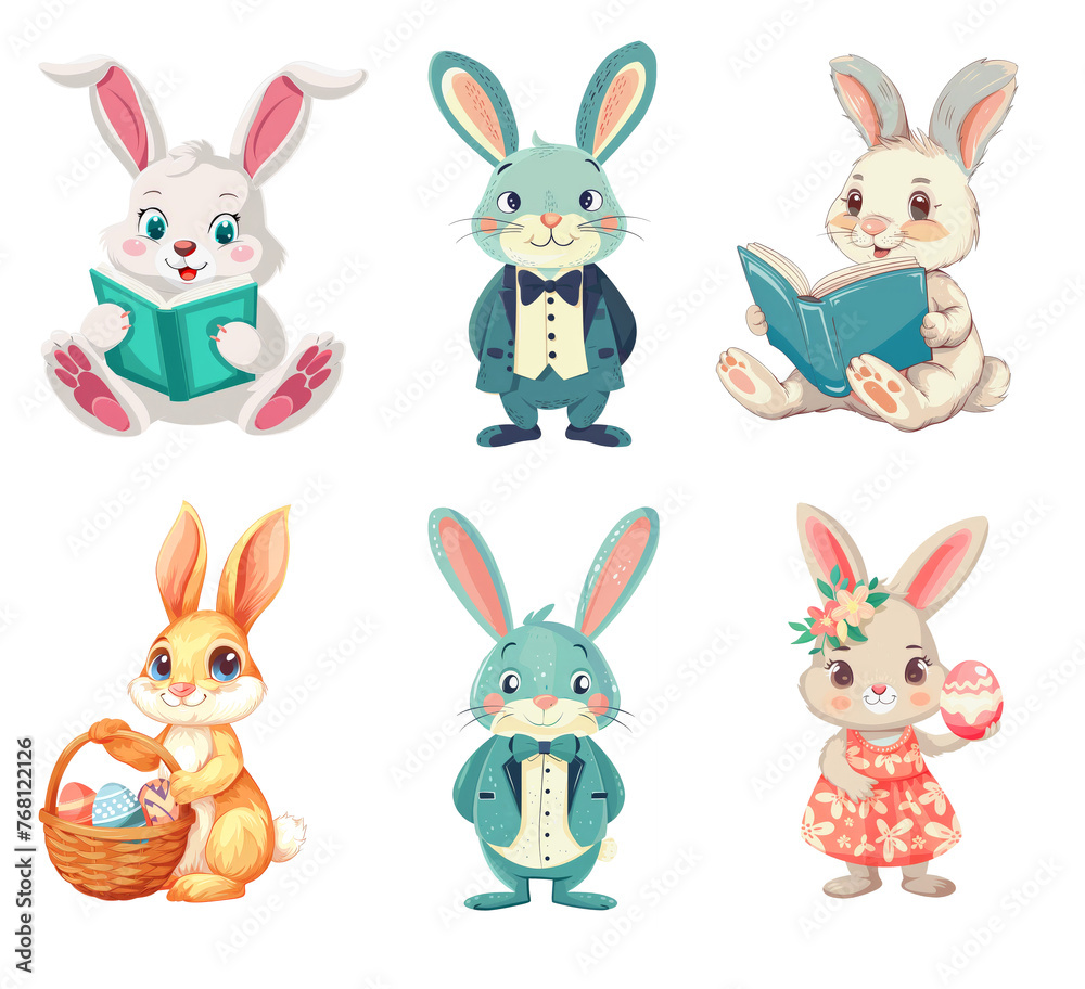 Set Of Clip Art Illustration Of Cute And Cartoonish Easter Bunnies. Dressed Up, Reading Book, Holding Easter eggs. Boy And Girl Bunnies Isloated On Transparent Background. Png File. Ai Generated Set Of Clip Art Illustration Of Cute And Cartoonish Easter Bunnies. Dressed Up, Reading Book, Holding Easter eggs. Boy And Girl Bunnies Isloated On Transparent Background. Png File. Ai Generated