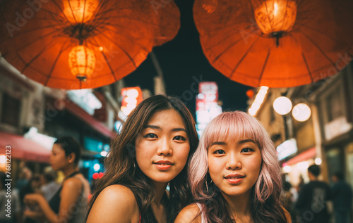 Amidst the bustling backdrop of Chinatown, the Autumn Moon Festival brings together friends and family, with young women at the heart of the festivities, surrounded by the warm glow of tradition and