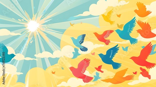 Illustration of a flock of birds flying in the sky.