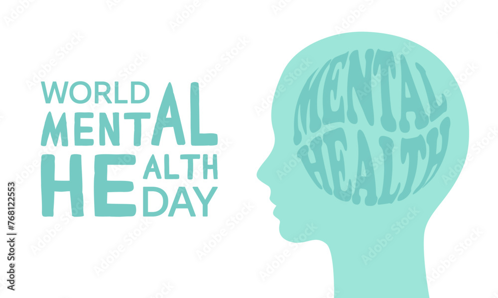 Banner World Mental Health Day. Human head with the inscription mental health. Vector flat illustration