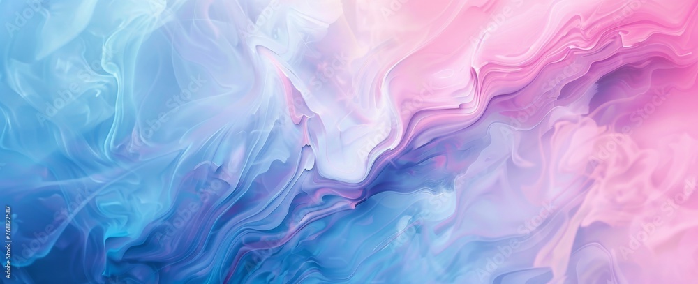 Radiant light dances across liquid waves in a serene abstract of glossy pink and blue, creating a tranquil holographic effect.