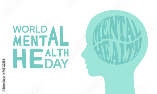 Banner World Mental Health Day. Human head with the inscription mental health. Vector flat illustration