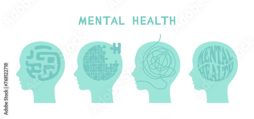 Set of abstract mental health illustrations. Head character struggling with stress, depression and other psychological problems. Psychotherapy concept. Vector