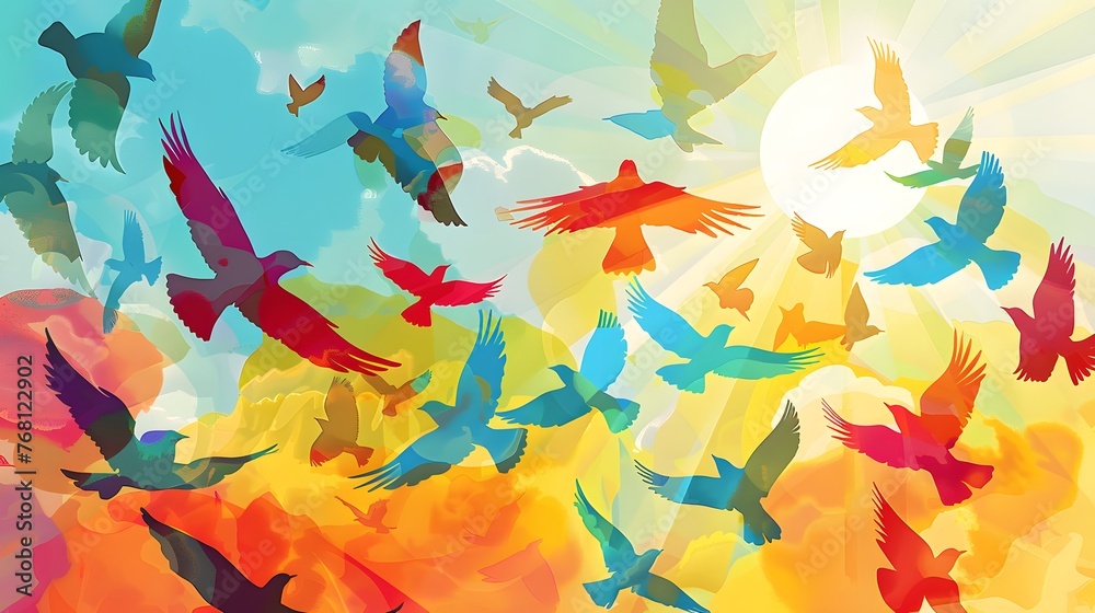 Illustration of a flock of birds flying in the sky.