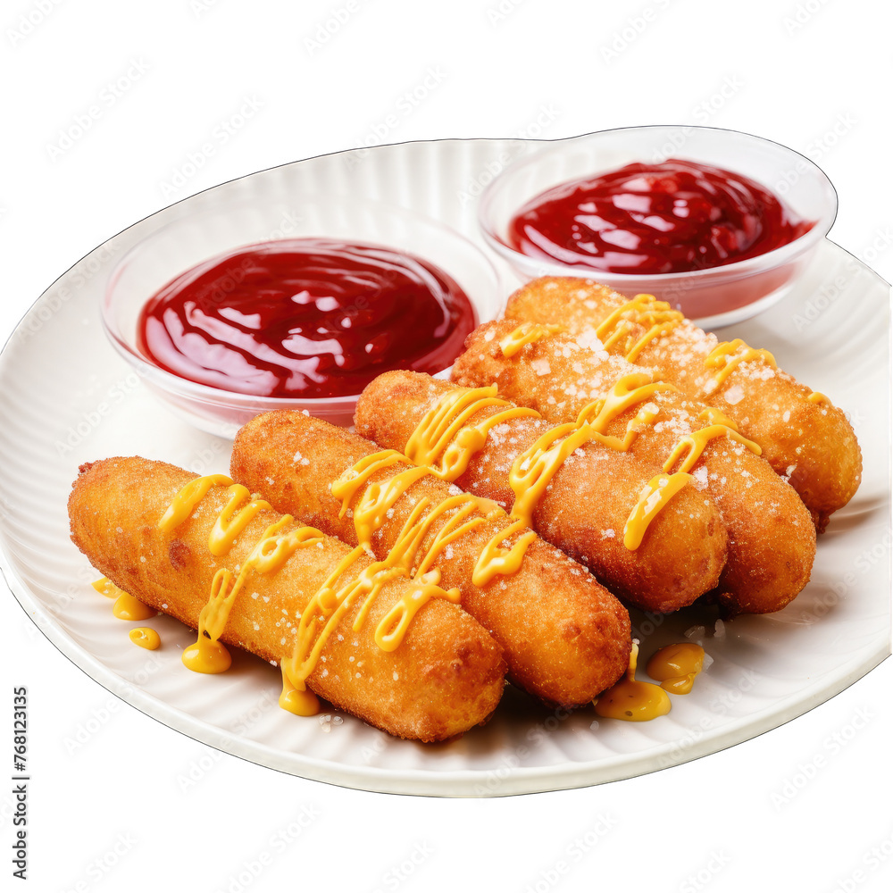 Fototapeta premium Korean corn dogs are hot dogs, cheese, French fries fried in a batter on a stick and dressed with sugar, ketchup, mustard closeup on the plate png