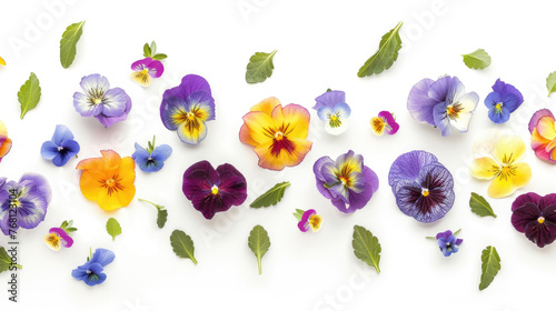 Colorful viola pansy flowers and leaves arranged on a white background