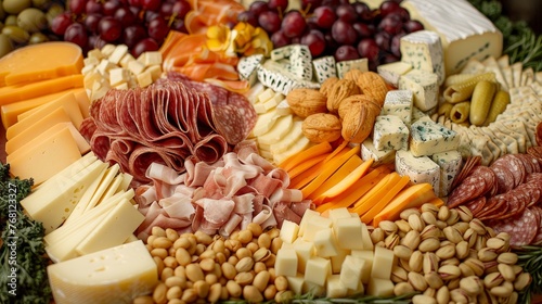 Elegant charcuterie board with various cheeses, meats, fruits, nuts, and appetizers