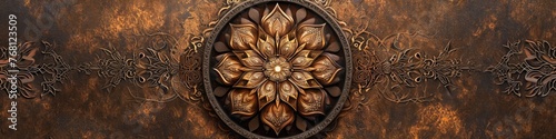 a breathtaking mandala on a chocolate brown surface, emphasizing the intricate symmetry and warm tones in high-definition. photo