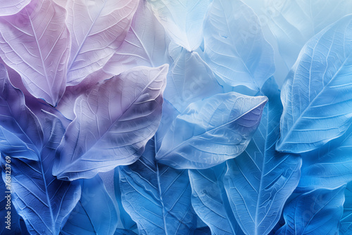 Blue and purple frosted glass leaves with detailed texture, abstract background