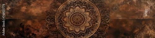 a breathtaking mandala on a chocolate brown surface, emphasizing the intricate symmetry and warm tones in high-definition.