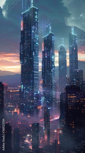 Digital art of a vibrant, neon-lit futuristic metropolis against a sunset sky