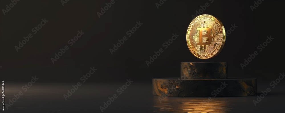 Bitcoin on pedestal with dark background Bitcoin on pedestal with dark background