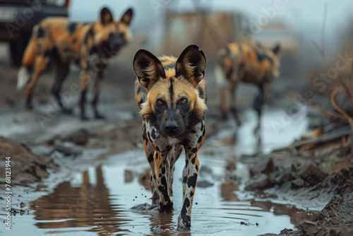 African wild dog, walking in the water on the road. Hunting painted dog with big ears, beautiful wild animal