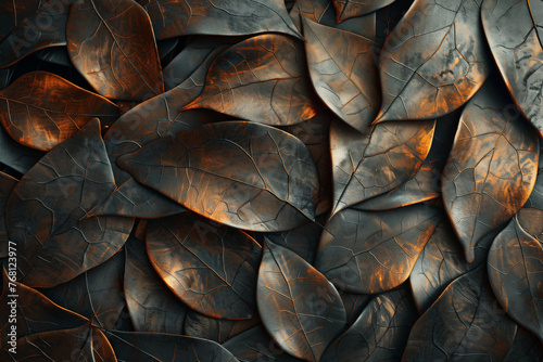 Assorted textured metal leaves, abstract background