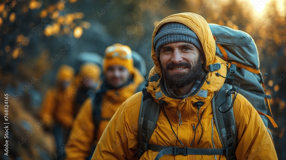 Group of male hikers on the mountain, medium shot, smiling, forest background.