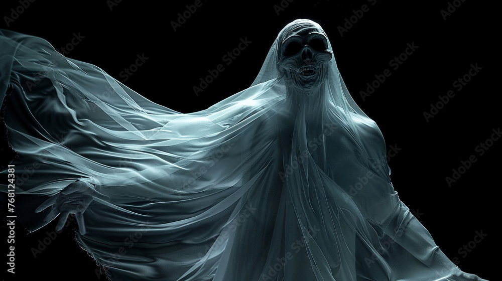A ghostly figure draped in flowing white fabric A ghostly figure draped in flowing white fabric