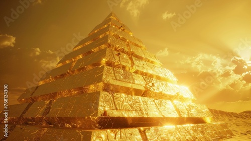 Majestic golden pyramid glowing at sunset