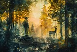 A serene encounter between hunter and deer in the depths of the forest