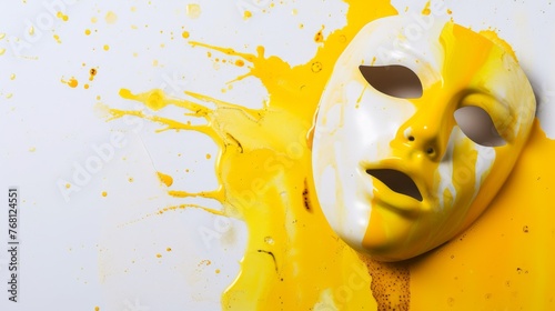 A stark white mask with cut-out eyes and mouth, splashed with vibrant yellow paint, evokes themes of anonymity and artistry © Zhanna