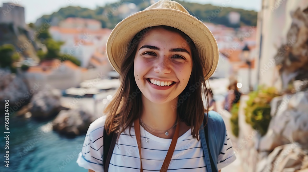 Young beautiful smiling woman wearing a hat and a striped shirt, standing in a scenic location with the sea and buildings in the background.