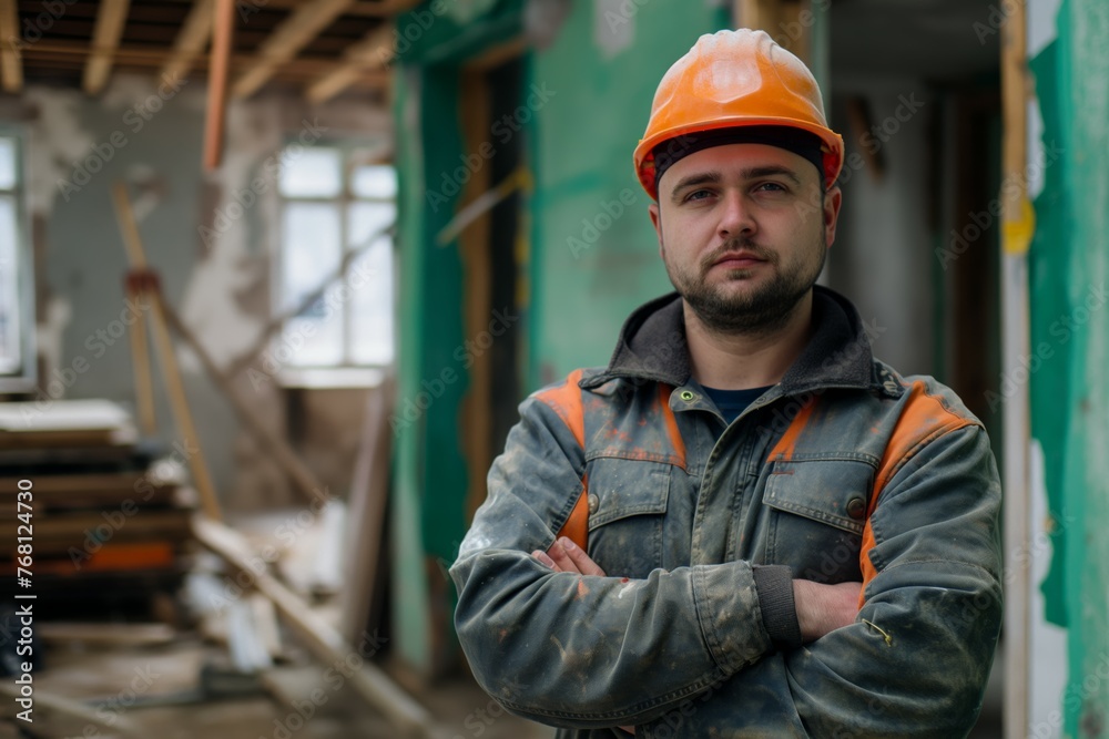 Construction worker with arms crossed in building Construction worker with arms crossed in building