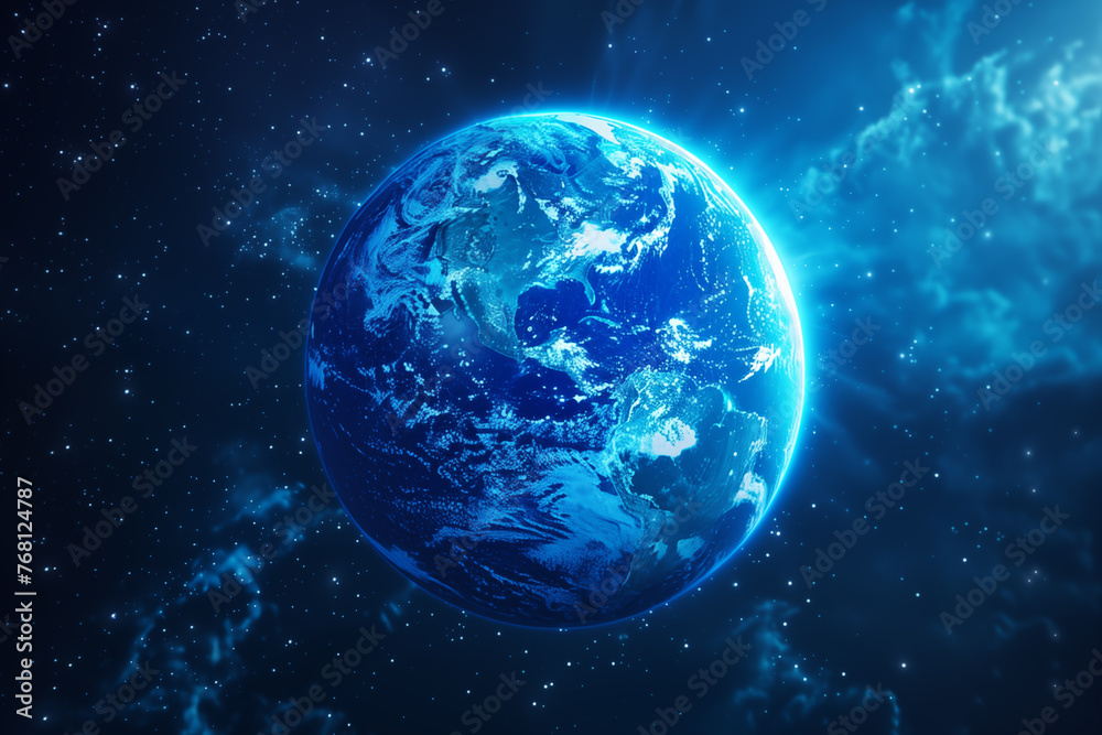 Planet Earth with sun rising over horizon in space, blue glow and starry background