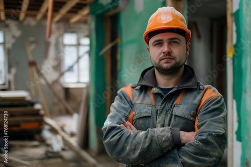 Construction worker with arms crossed in building