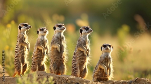 A family of curious meerkats standing on their hind legs, their watchful eyes scanning the horizon for signs of danger. © rizwana