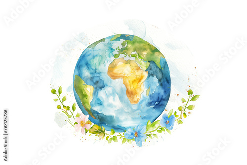 Watercolor illustration of Earth planet surrounded by floral elements on white background. Earth Day wallpaper