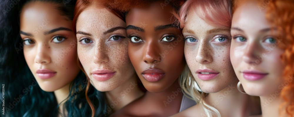 Obraz premium Multi-ethnic diversity and beauty - Group of different ethnicity women looking at the camera against white background